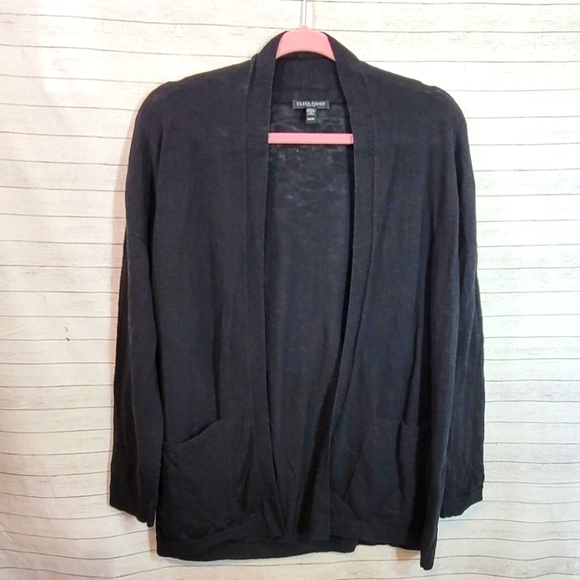 EILEEN FISHER ORGANIC LINEN BLACK OPEN FRONT CARDIGAN, SZ PETITE MEDIUM - Picture 2 of 15